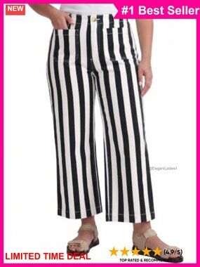Womens Plus Size Wide Leg Cropped Jeans High Waist Striped Denim Pants